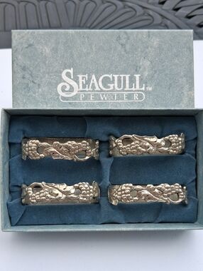 Vintage Seagull Pewter Grapevine Napkin Rings - Set of 4